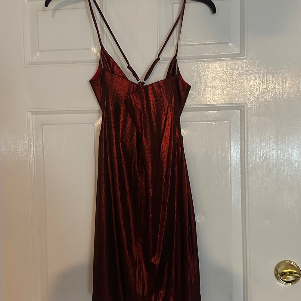 Drape Neck Metallic Knit Pull-On Dress
Red 
Size M